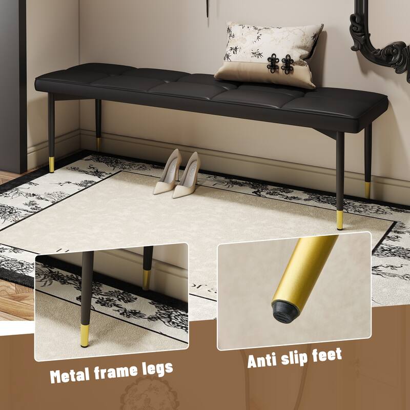 47*16 Inch Multifunctional Black Shoe Bench - Faux PU Cushion, Sturdy Metal Legs With Gold Accents