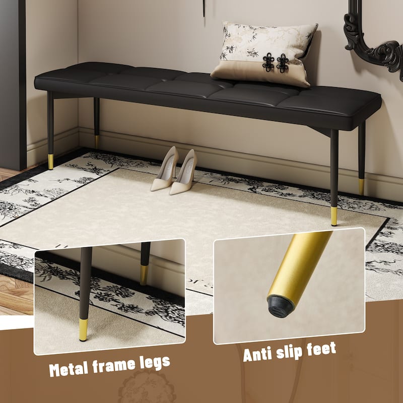 Roomfitters 47"/59" PU Shoe Bench with Gold Metal Legs, Entryway Seat for Bedroom, Living Room and Hallway, Black