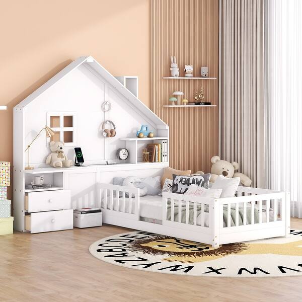 slide 2 of 11, Twin Size House Bed with Window and Bedside Drawers, Platform Bed with Shelves and a set of Sockets and USB Port, White White