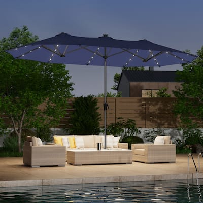 LIVOOSUN 13 x 7.2ft Large LED Double-Sided Rectangular Outdoor Patio Market Umbrella with Crank, Solar Panel, Navy Blue