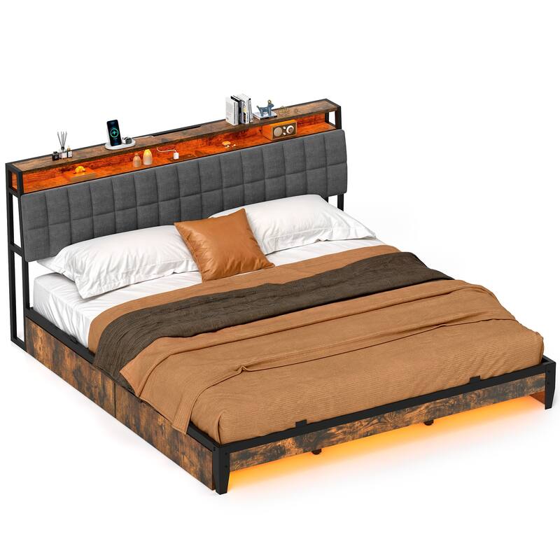 Moasis King/Queen/Full Size Upholstered Platform Bed with Charging Station and Storage Headboard