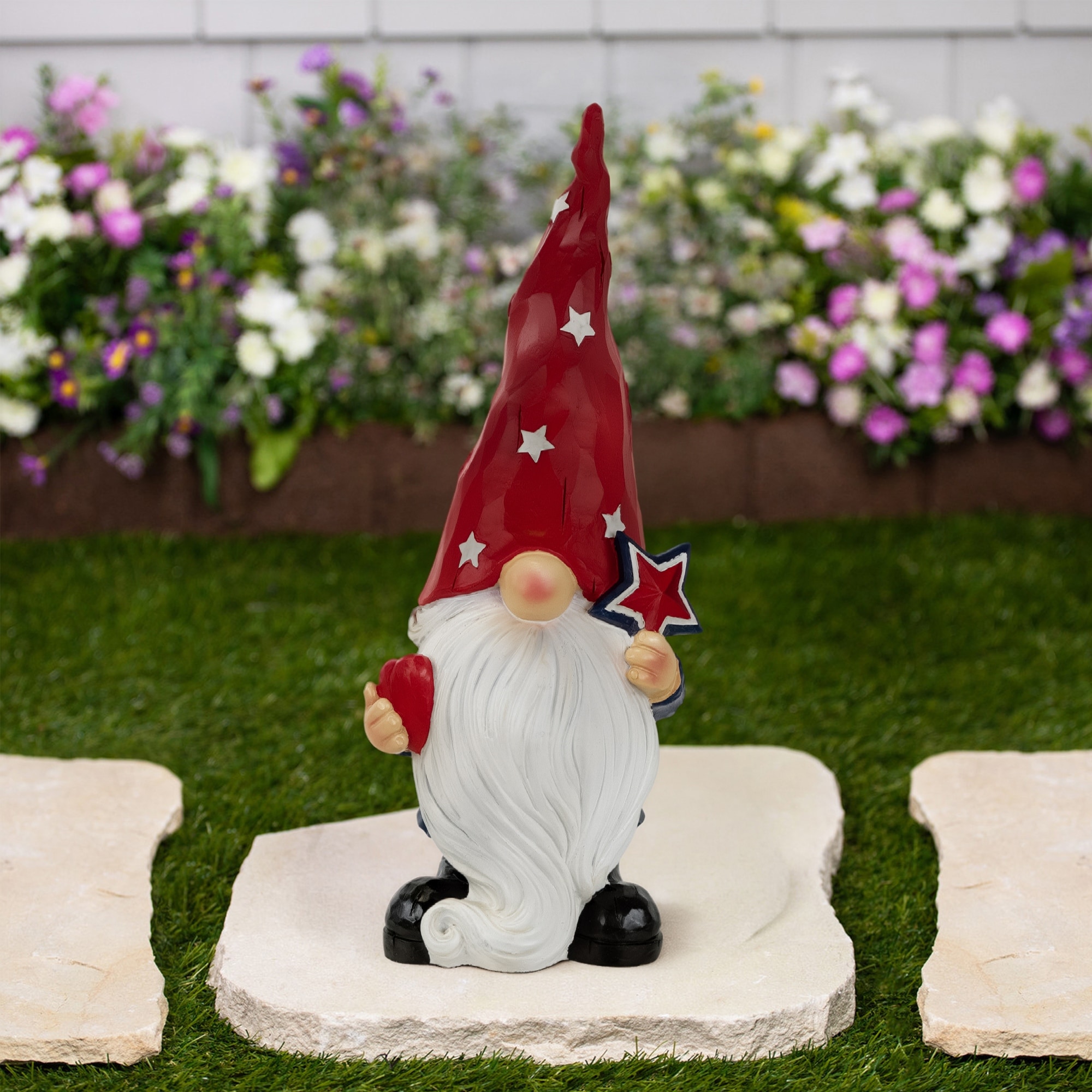 Gnome Holding Star Patriotic Outdoor Garden Statue - 16.5"