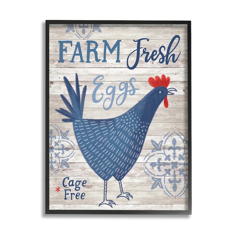 Stupell Farm Fresh Eggs Blue Rustic Chicken Planked Pattern Framed Wall Art, Design by Nina Seven
