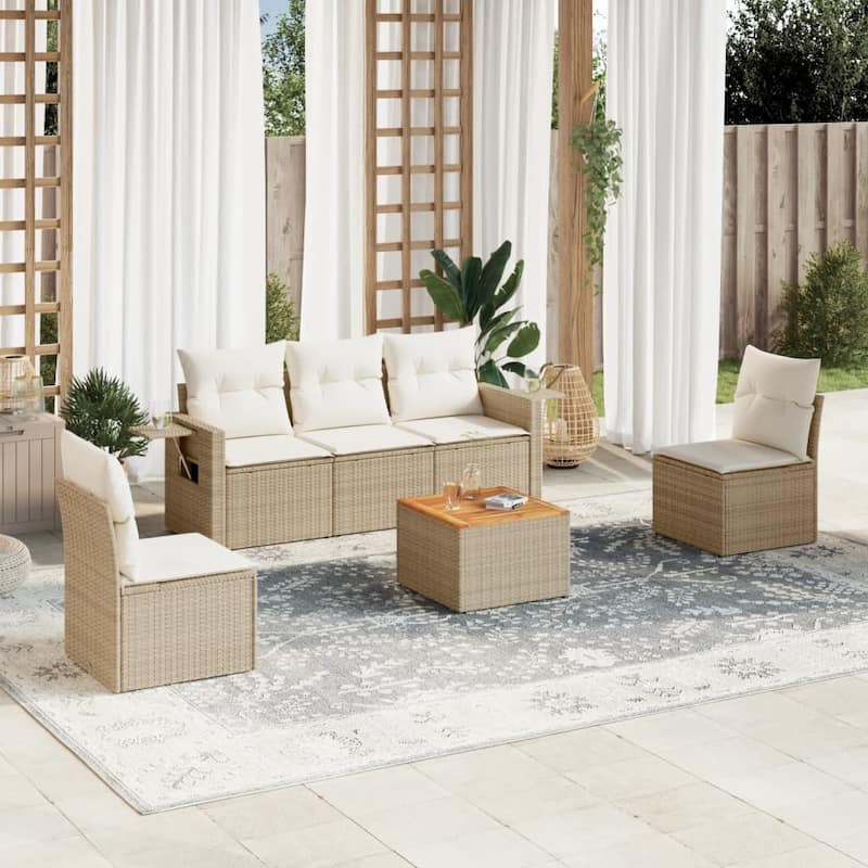 vidaXL Garden Sofa Set Poly Rattan 6 Piece Set - 21.7 x 21.7 x 14.6 in (W x L x H) - Beige and Cream
