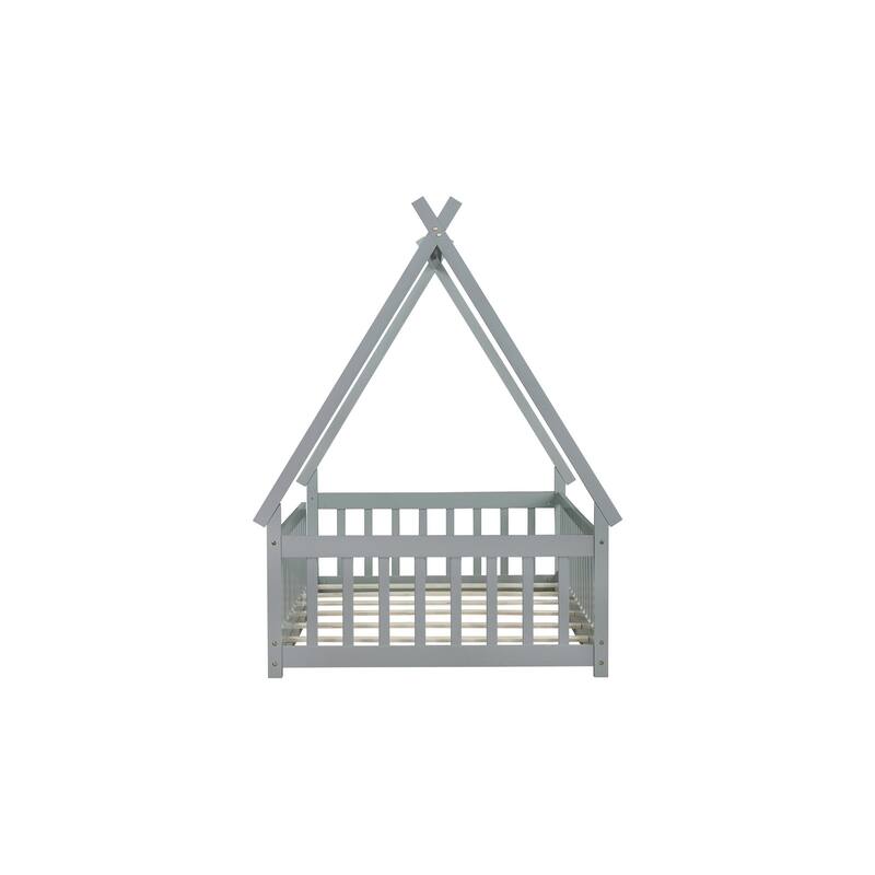 Twin Tent-shaped Floor Bed,Teepee Bed with Guardrails