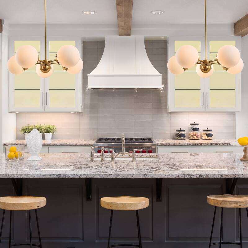 Cionar Mid-century Modern 5-Light Sputnik Dining Room Chandelier Wheel Kitchen Pendant with Orb Frosted Glass - D24" x H 69"