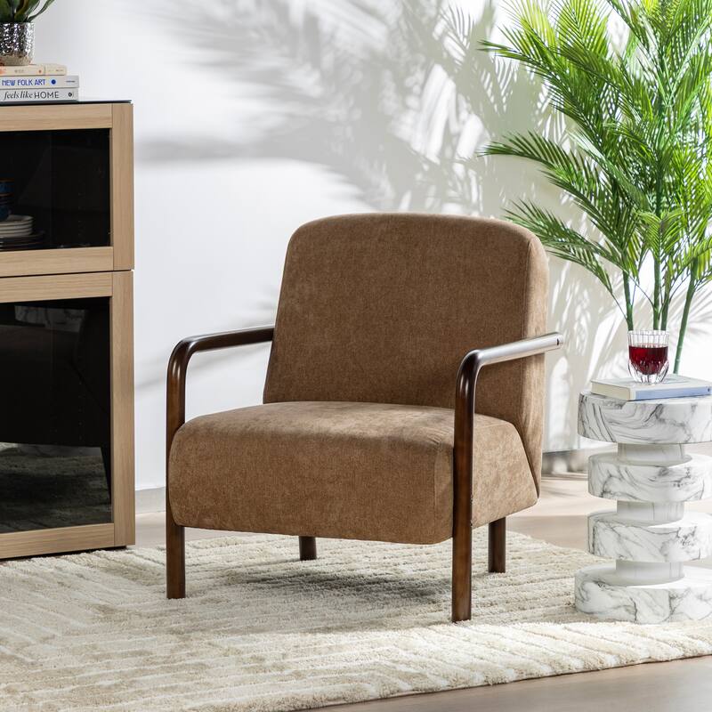 Glitzhome Set of 2 Mid-Century Modern Brown Fabric Thick Armchair with Walnut Rubberwood Frame