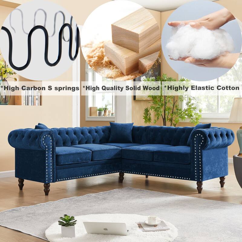 Deep Button Rolled Arm Classic Chesterfield L Shaped Sectional Sofa