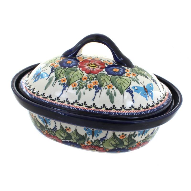 Blue Rose Polish Pottery 1158 Zaklady Roaster with Lid - Floral Butterfly