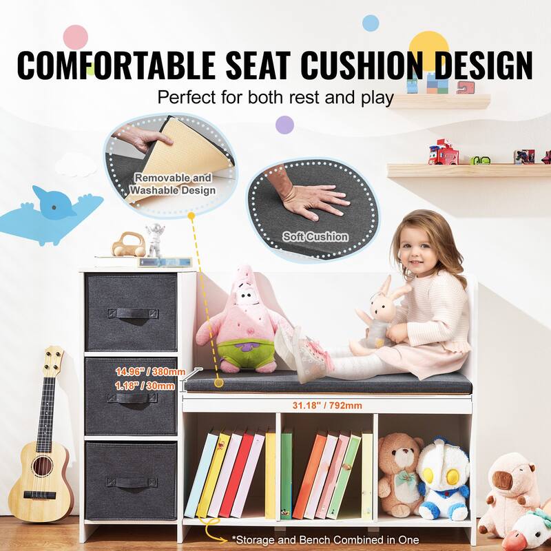 White 6 Cubby Storage Organizer Kids Reading Nook Bench with Detachable Seat Cushion and 3 Drawers - 43.11” x 15.87” x 29.92”