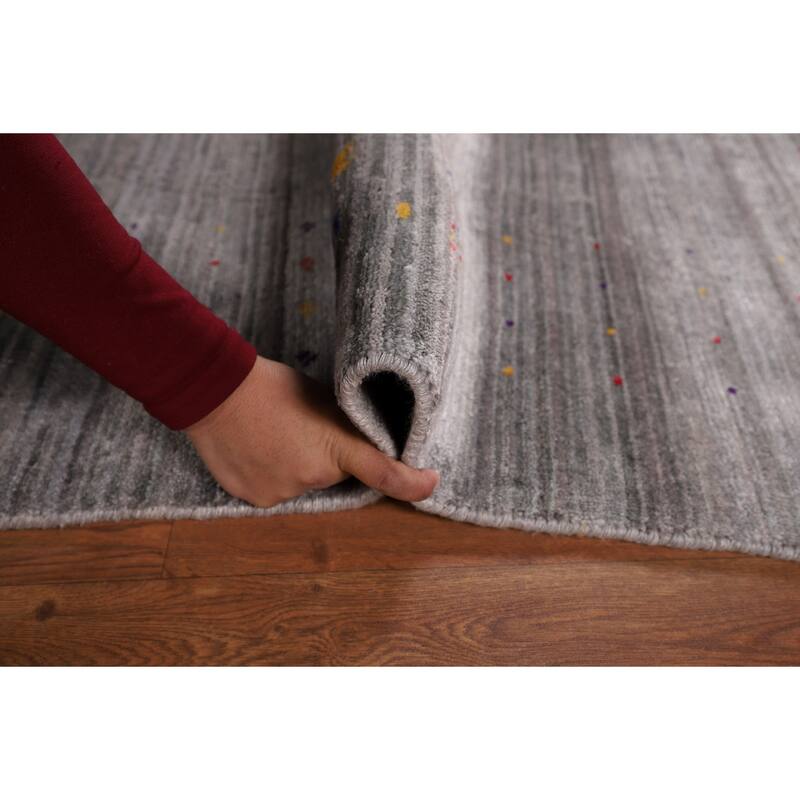 Gray & Green Striped Gabbeh Oriental Area Rug Handmade Silk Carpet - 5'2" x 7'10"