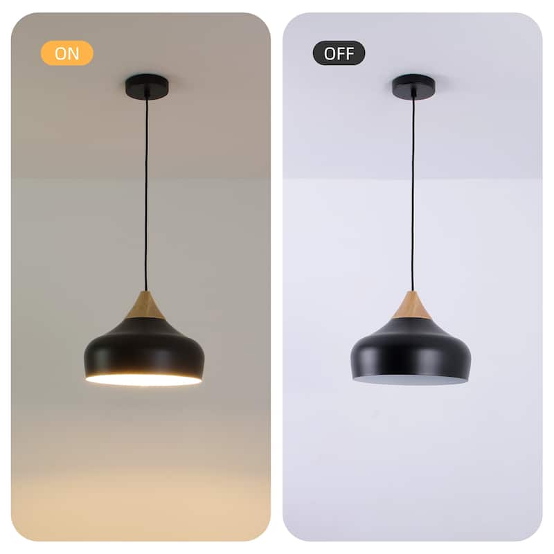 Aurora 13 in. 60-Watt 1-Light Pendant Light with Metal Round Shade and Natural Rubber Wood Top