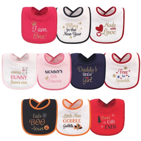 slide 1 of 1, Hudson Baby Infant Girl Cotton Terry Drooler Bibs with Fiber Filling 10pk, Holiday Girl I Am One, One Size One Size - Holiday Girl I Am One