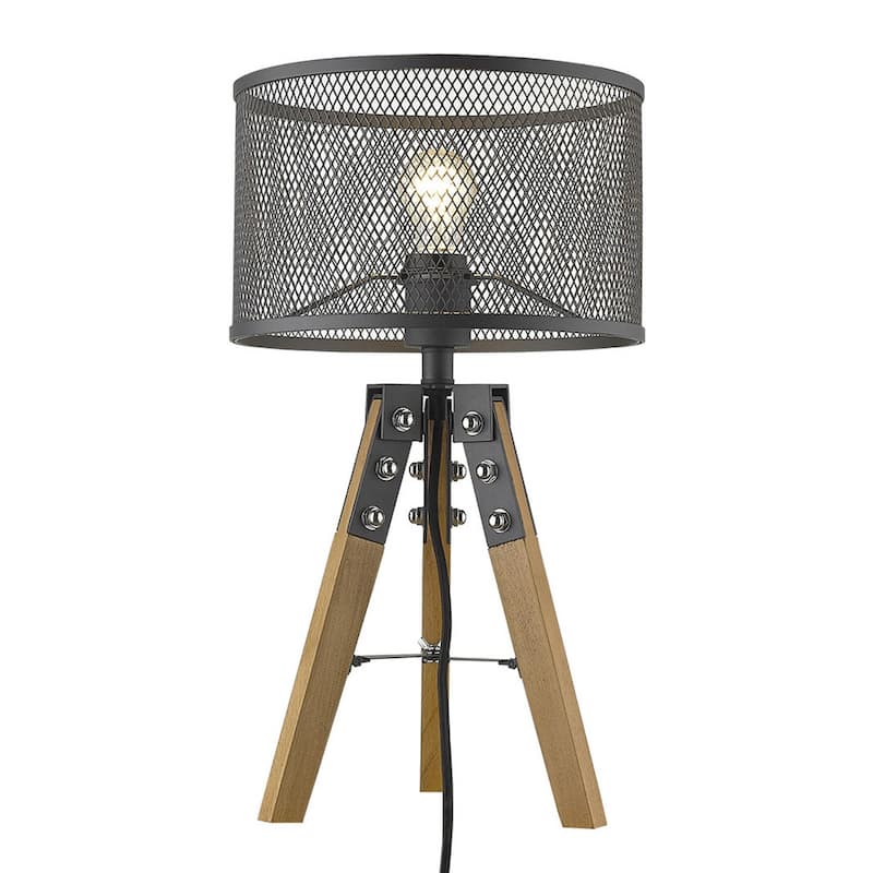 Modern Brown Wood Tripod Table Lamp with Black Drum Shade for Accent Lighting - 11.50" x 11.50" x 20"