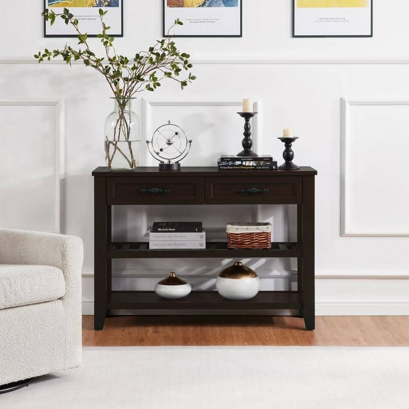 Vintage-Inspired Pine Console Table - Two-Tier Open Shelf Design for Living Spaces‌.