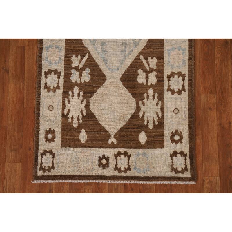 Geometric Oushak Turkish Runner Rug Handmade Wool Carpet - 2'10"x 9'1"