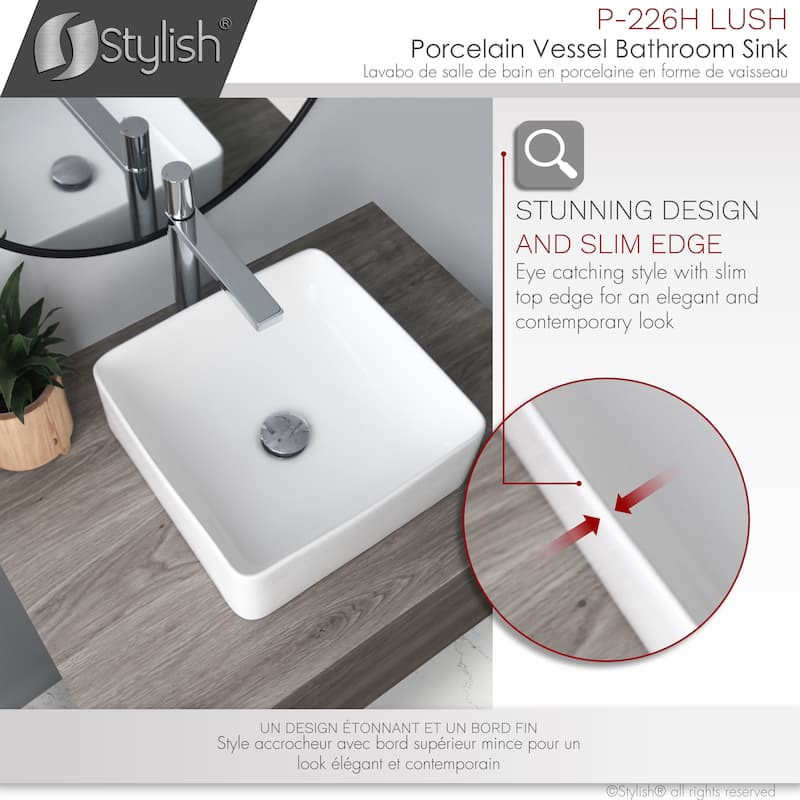 STYLISH 14 1/2 inch Square Porcelain Bathroom Sink - 14 1/2" x 14 1/2" x 5"