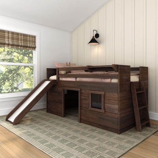 slide 2 of 34, Max and Lily Farmhouse Twin Low Loft with Slide Barnwood Brown