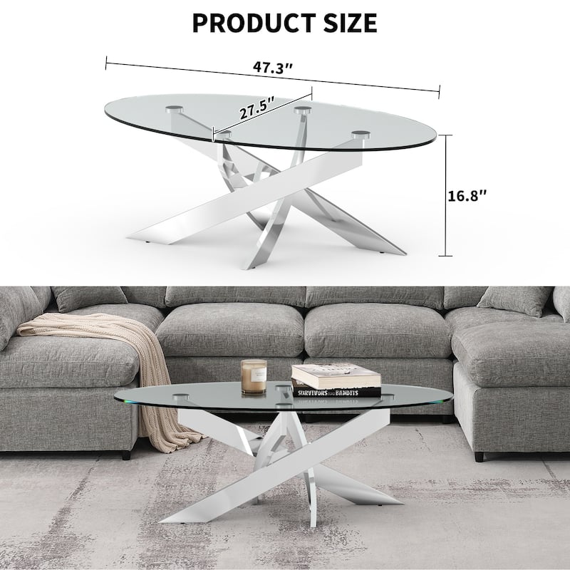 47.3" Modern Tempered Glass Coffee Table with Criss-Cross Legs