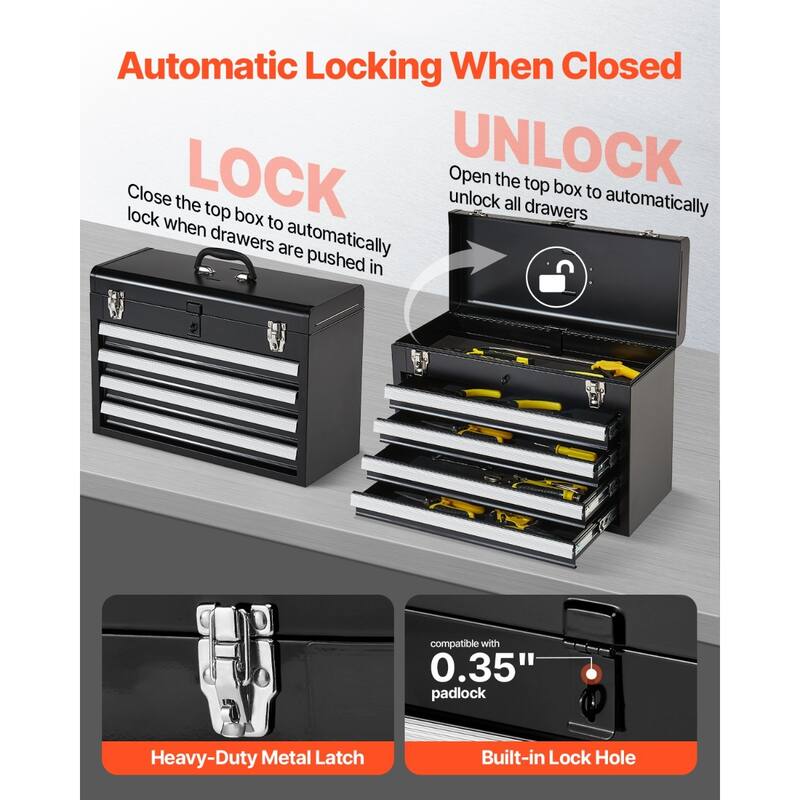 20.5-Inch Black Portable Metal Toolbox with 4 Drawers and Auto-Locking System - 20.5 x 8.6 x 14.2 in