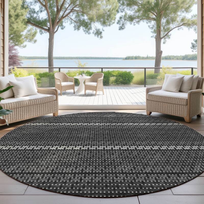 Machine Washable Indoor/ Outdoor Boho Stripe Chantille Rug - Black - 8' x 8'
