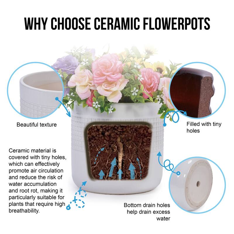 9" Ceramic Flowerpot Garden Modern Patio Grid Planter(Set of 3) - 9.65 in.W x 9.65 in.D x 9.25 in.H