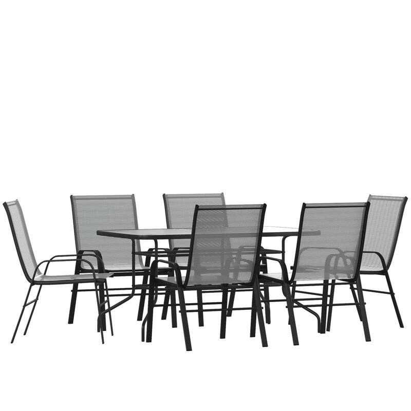 7-Piece Rippled Glass Outdoor Patio Table and Stacking Chairs Set