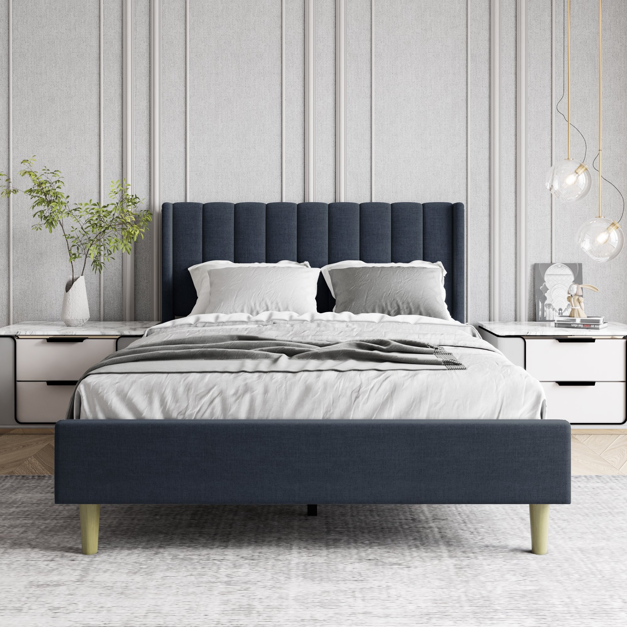 Aufank Bed Frame Upholstered Platform with Wooden Slats, Noise-Free