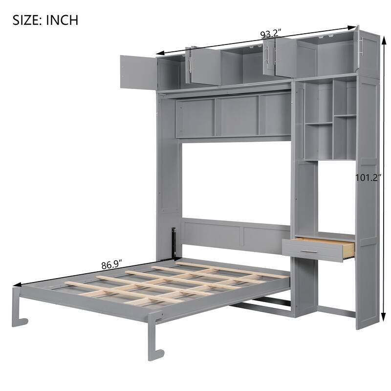 Foldable Queen Murphy Bed with Desk, Top Cabinet, Bookshelves - Space-Saving Wall Bed Design