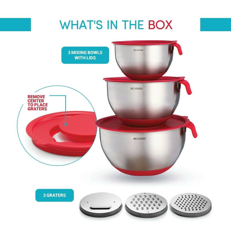 Stainless Steel Mixing Bowls Set of 3, with Lids & Graters,