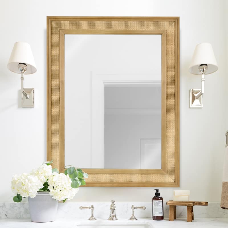 WallBeyond Wooden Framed Rattan Farmhouse Style Rectangle Wall Mirror