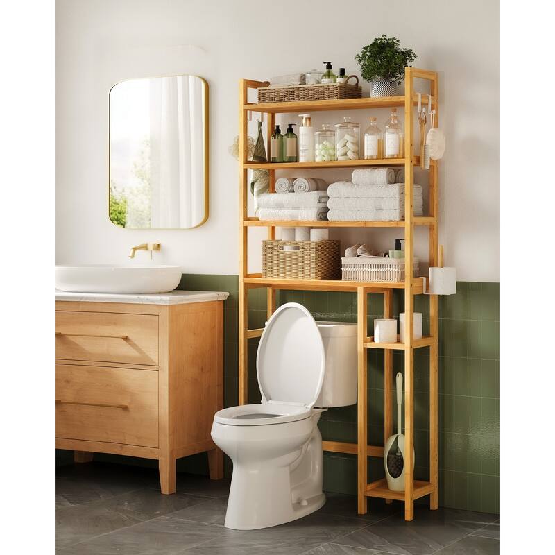4-Tier Space-Saving Over Toilet Storage Shelf with Adjustable Shelves and Wicker Frame - 32.7''L x 10.2''W x 72.8''H