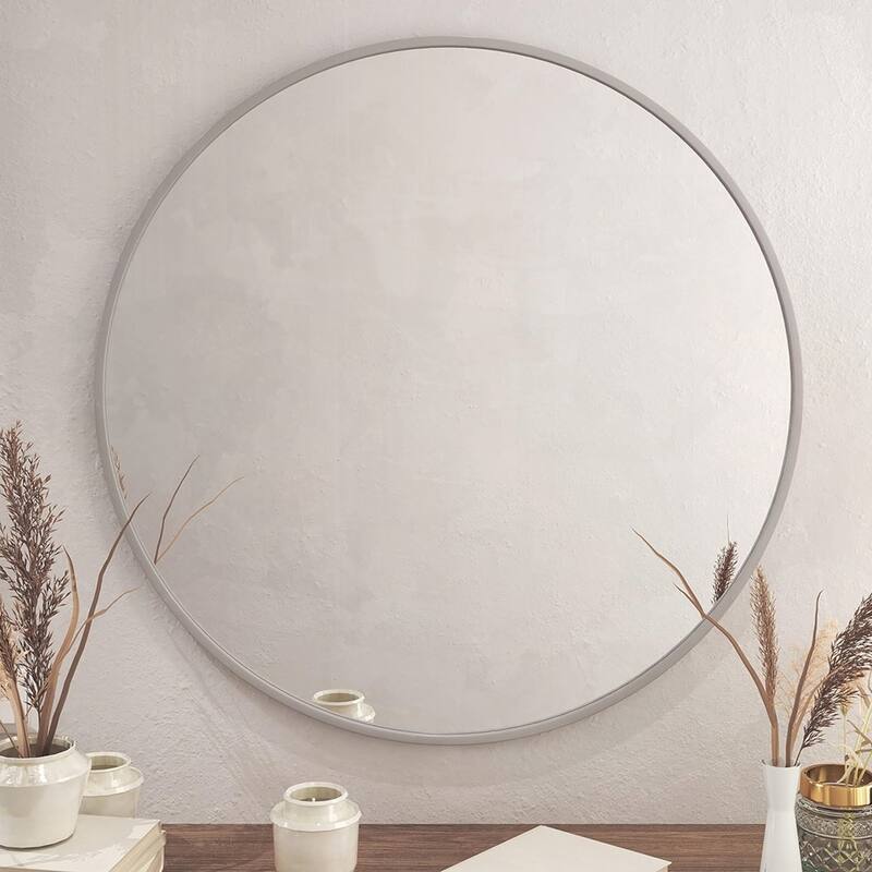 Metal Framed Round Bathrrom Mirror - 36 Inch Silver Round