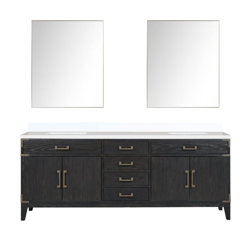 Laurel 60 in W x 22 in D Black Oak Double Bath Vanity, White Quartz Top, and 28 in Mirrors
