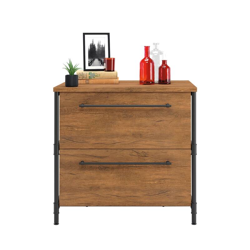Anmytek 2-Drawer Lateral File Cabinet with Pipe Frame and Hanging Rails Rustic Wood Industrial Office