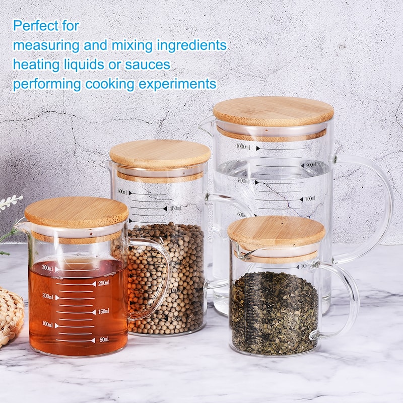250ml Glass Measuring Cup, 3.3 Borosilicate Glass Black Printed with Wood Lid
