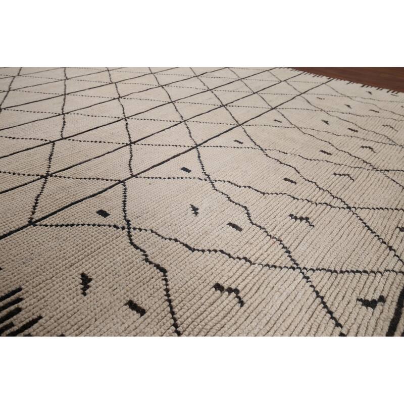 Trellis Moroccan Area Rug Hand-Knotted Oriental Beige Wool Carpet - 6'11"x 10'3"