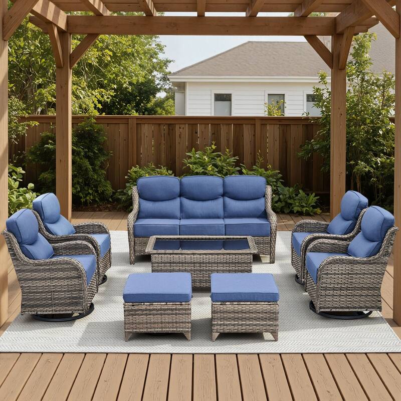 Arcadia 8-Piece Wicker Patio Conversation Set with Swivel Gliders and 6-Inch Thick Olefin Cushions - Navy Blue Cushions - Gray Wicker