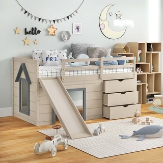 Twin Low Loft bed with Slide Ladder Storage Drawers Play Game Space