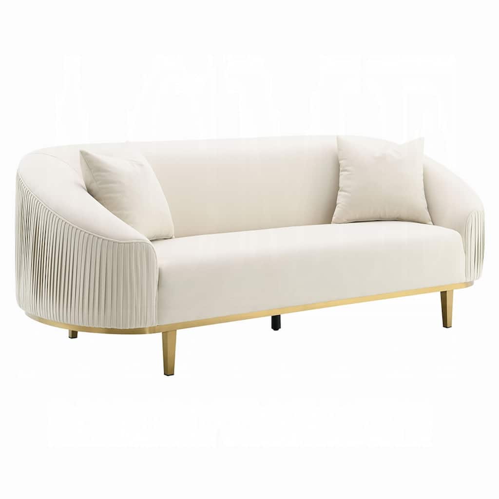 Artina Sofa, 2 Accent Throw Pillows, Ivory Velvet, Gold Metal, 89 Inch