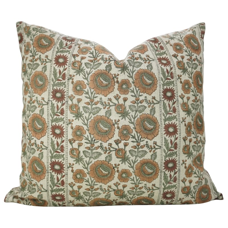 Fabdivine Handmade Heavy Weight Floral Linen Brown Cushion or Block Print Pillow Cover - Pillow Covers - 24" X 24" - Light Brown