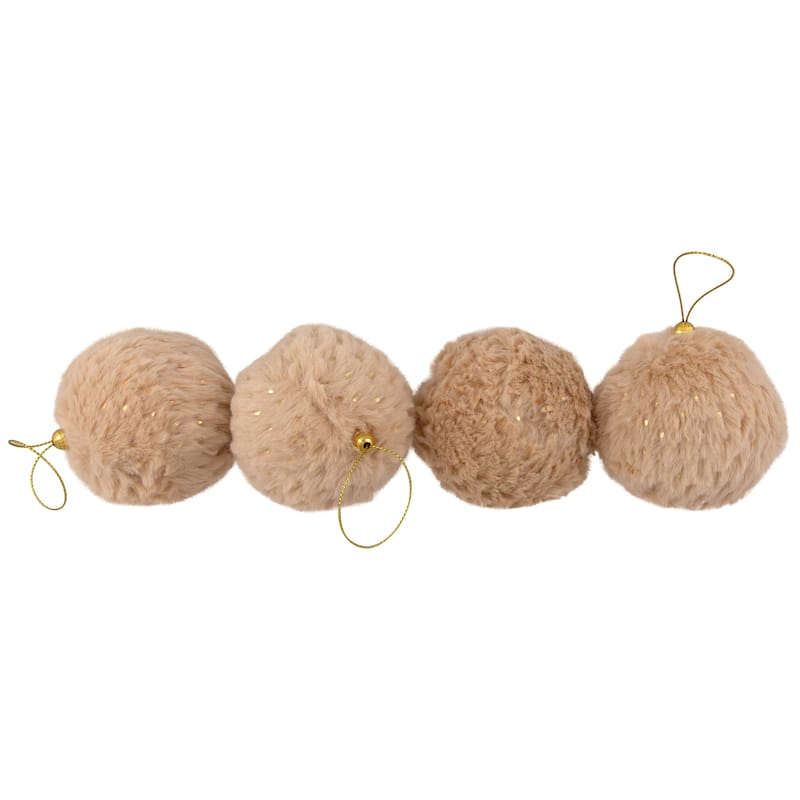 Plush Polka-Dotted Christmas Ball Ornaments - 2.75" - Beige - Set of 4