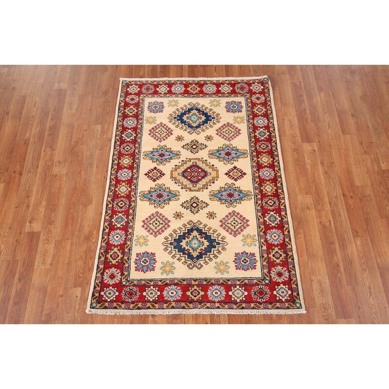 Kazak Oriental Accent Rug Handmade Beige Geometric Wool Carpet - 3'3" x 4'11"