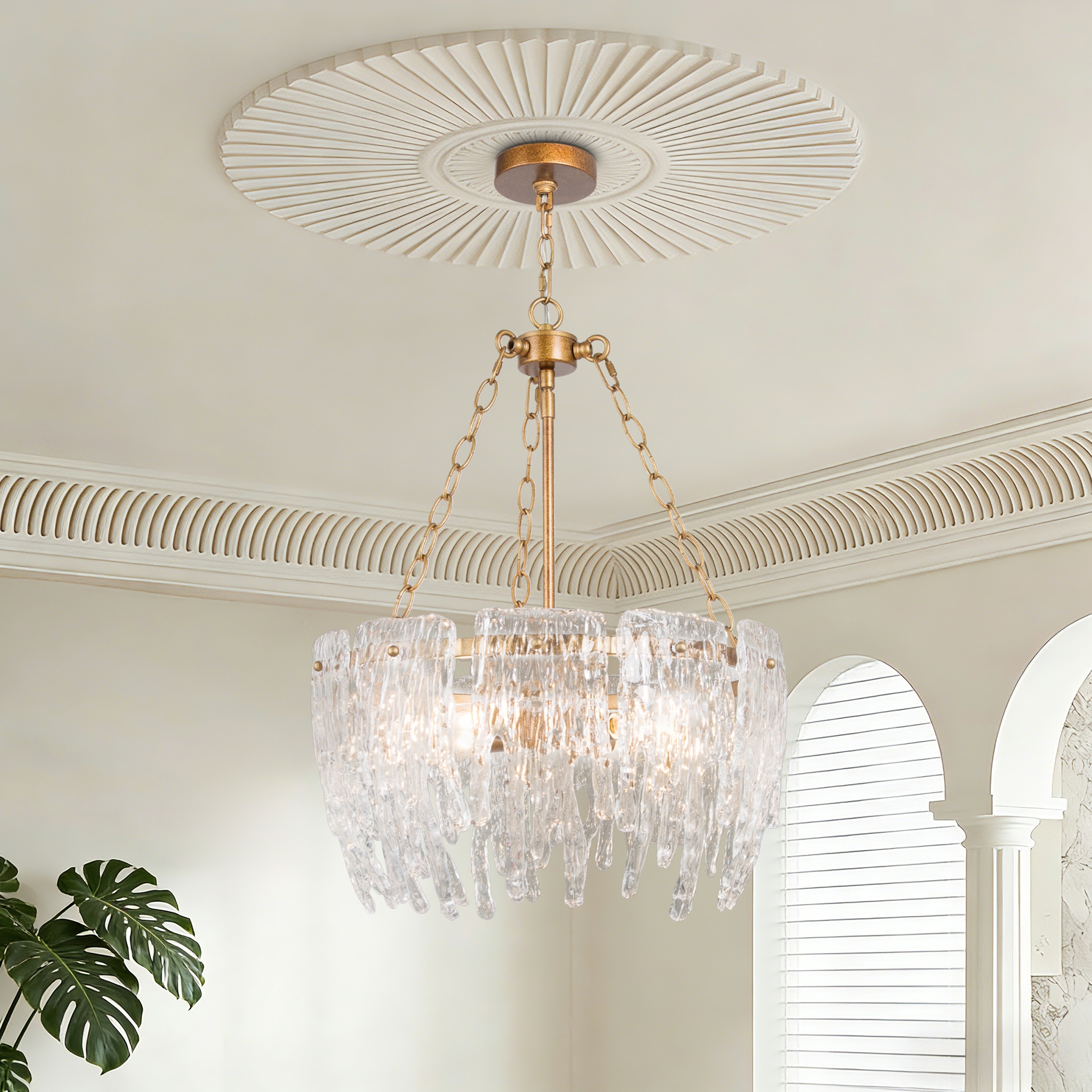 LALUZ Modern Gold 4-Light Drum Glass Chandelier for Dining Living Room