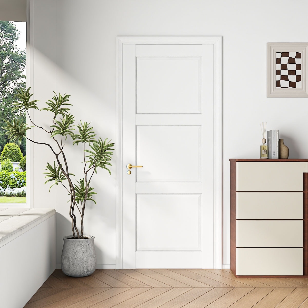 28" X 80"Primed Slab Door 3-Paneled Solid Core Wood Standard Door, French Doors, Solid Core prehung Interior Door Without Kit
