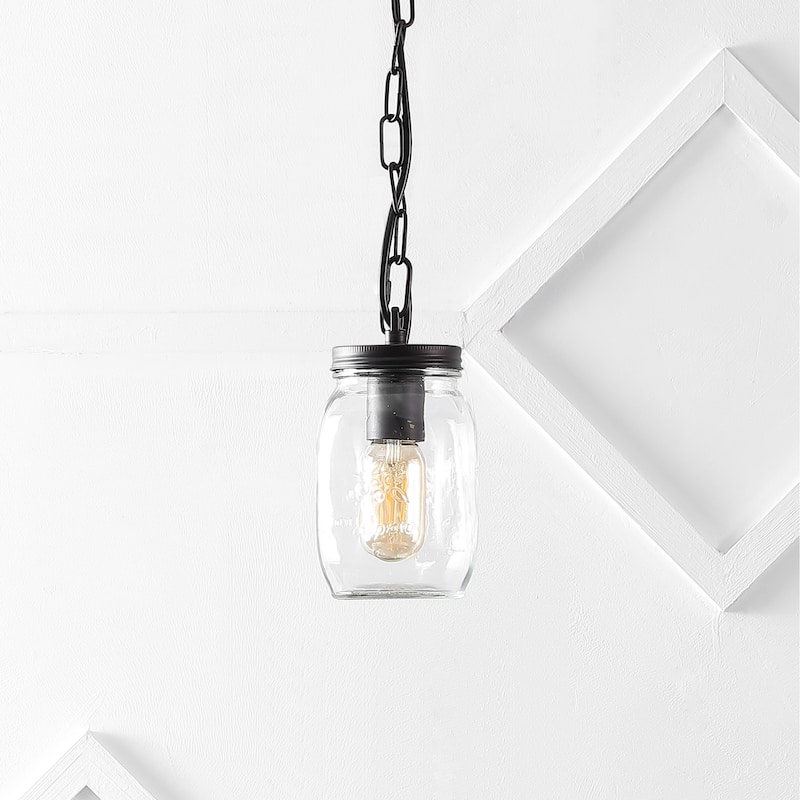 Gaines 5.5" 1-Light Farmhouse Industrial Iron Mason Jar LED Pendant, Oil Rubbed Bronze/Clear by JONATHAN Y