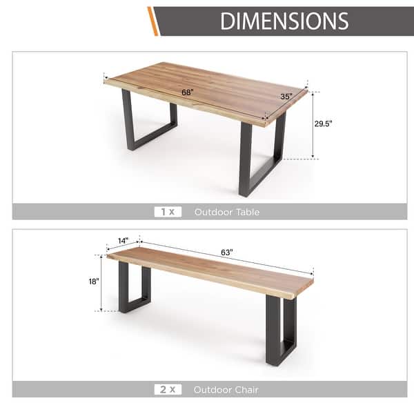 dimension image slide 1 of 2, MAISON ARTS 3-Piece Patio Dining Table Set Acacia Wood with 1 Rectangular Table and 2 Benches