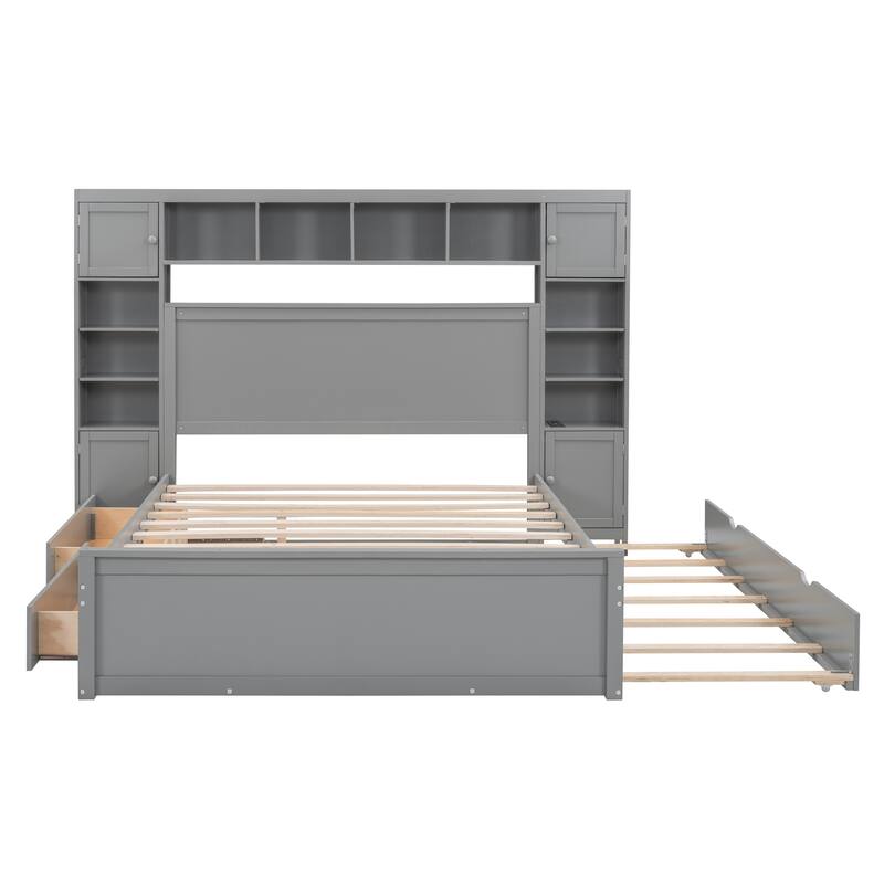 Full/Queen Size Bed Frame with All-in-One Cabinet and Trundle, Wooden Platform Bed with Storage Shelves, Cabinets and Sockets