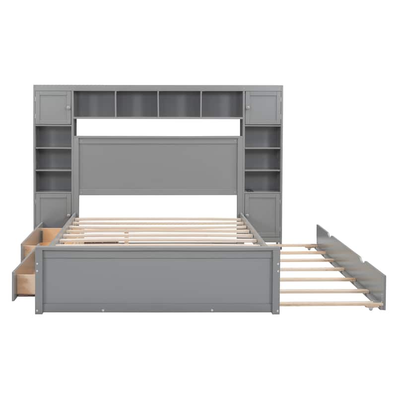 Queen Size Modern Wooden Bed with Cabinet, Shelf & Sockets