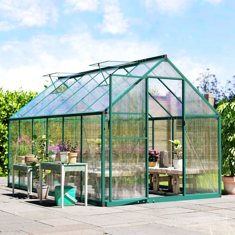 Outsunny 11x6 ft Polycarbonate Greenhouse with Swing Door and Two Adjustable Roof Vents, Aluminum Walk-in Greenhouse